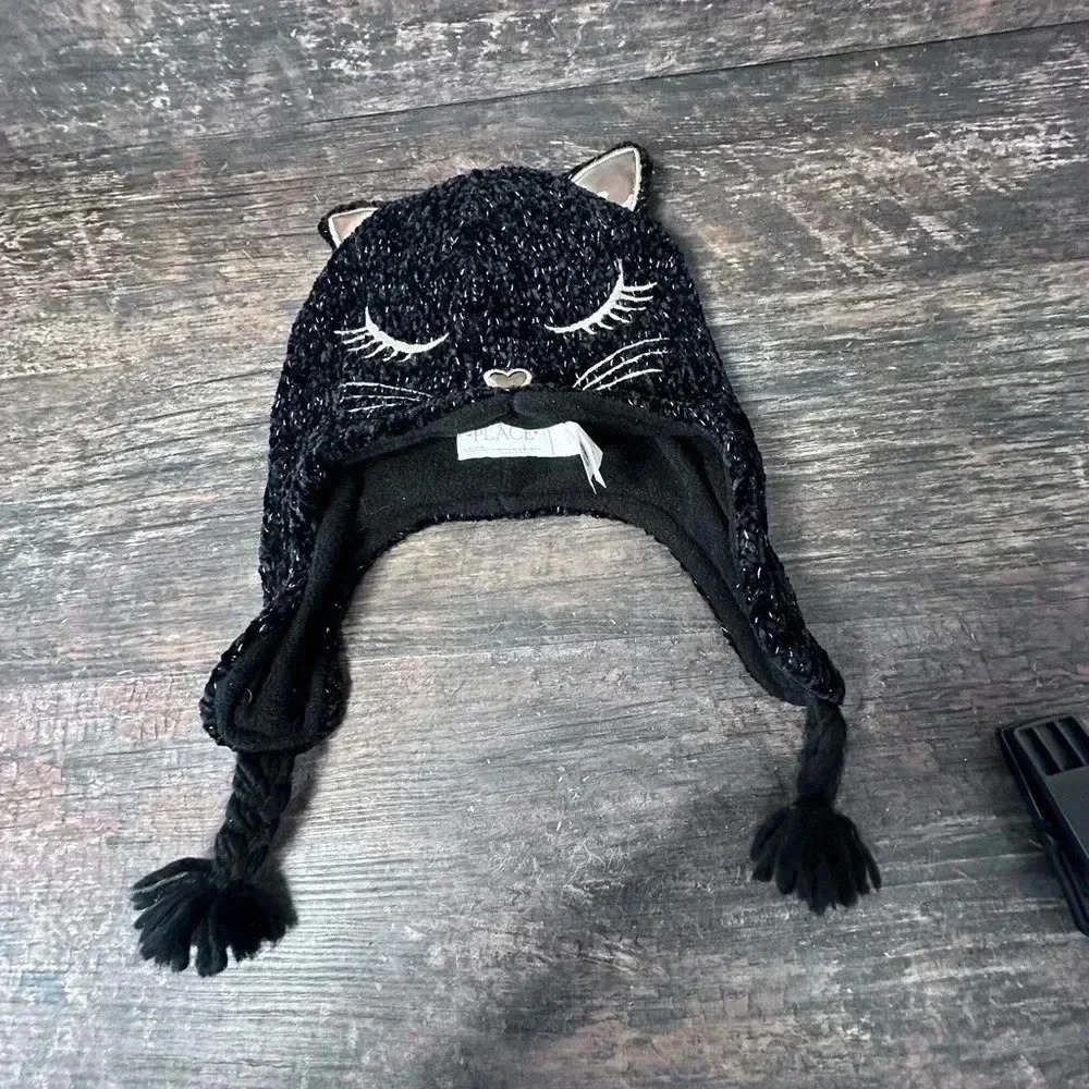 The Children's Place Black Cat Face Hat with Ears and Braided Tassels